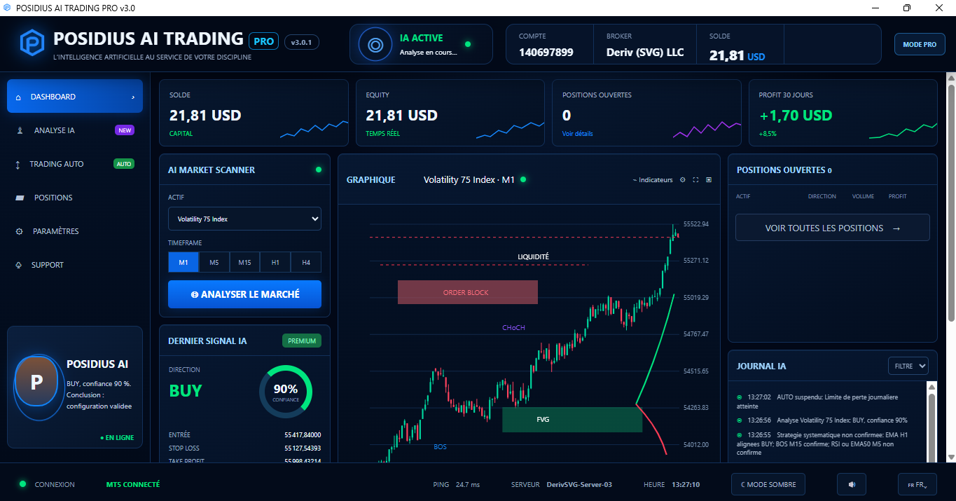 Interface de Posidius AI Trading Pro